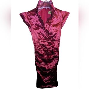 RARE Nicole Miller VALENTINE'S RED Techno Metallic Ruched Crinkle Cocktail Dress